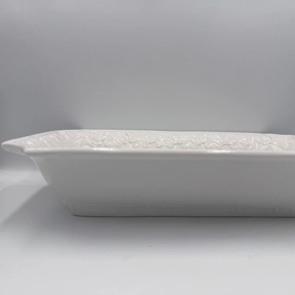 White Ceramic Rectangular Serving Dish Grape Leaf Border‎ 14 Inch Italy